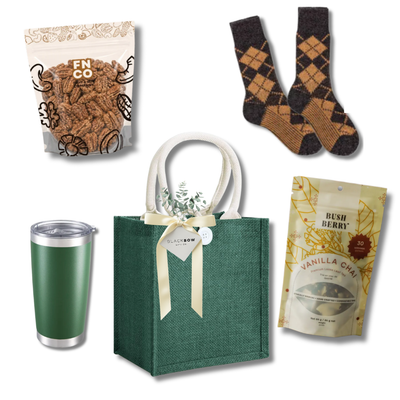 Warm & Toasty gift with green insulated tumbler, patterned socks, vanilla chai tea, candied pecans and reusable green tote.