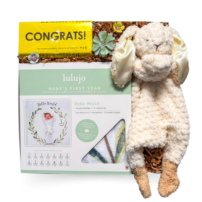 Gender-neutral newborn gift styled to celebrate a baby’s arrival with warmth and happiness.