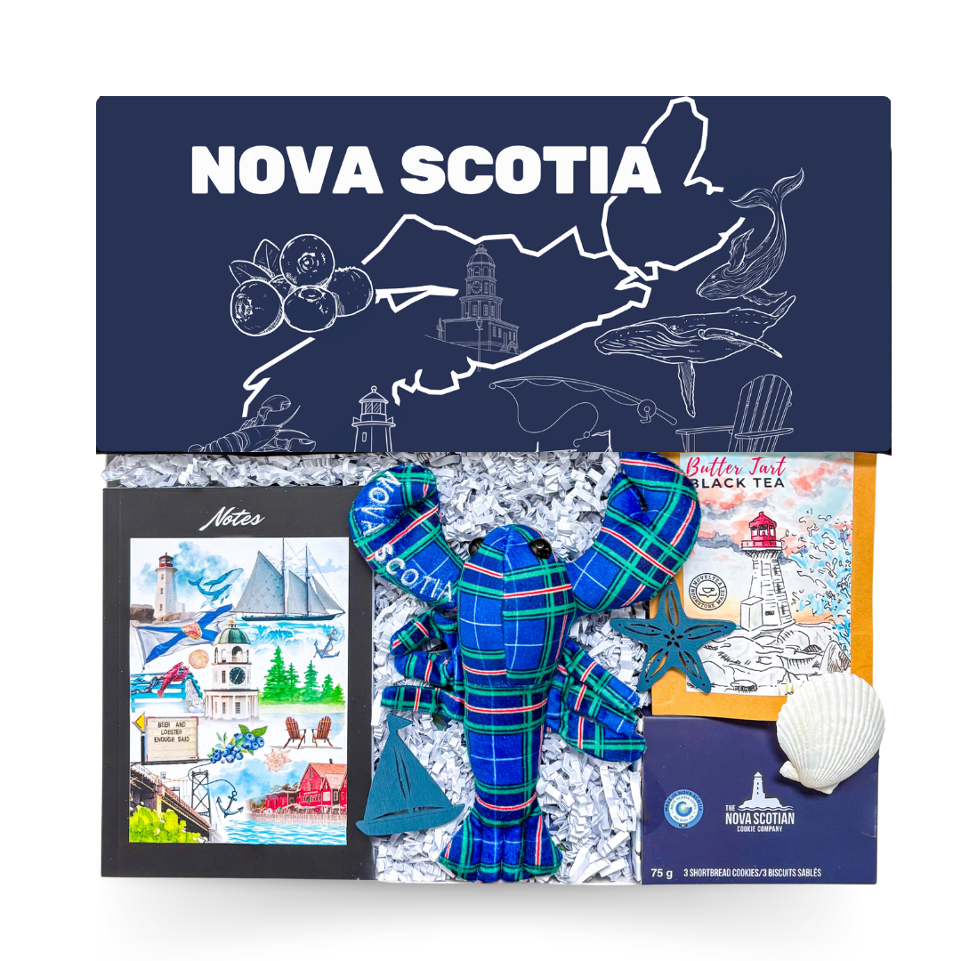 Window gift box featuring Nova Scotia-inspired treats, butter tart tea, tartan lobster keepsake, maritime notebook, local shortbread cookies, and coastal accents by Black Bow Gift Co.