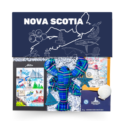 Window gift box featuring Nova Scotia-inspired treats, butter tart tea, tartan lobster keepsake, maritime notebook, local shortbread cookies, and coastal accents by Black Bow Gift Co.