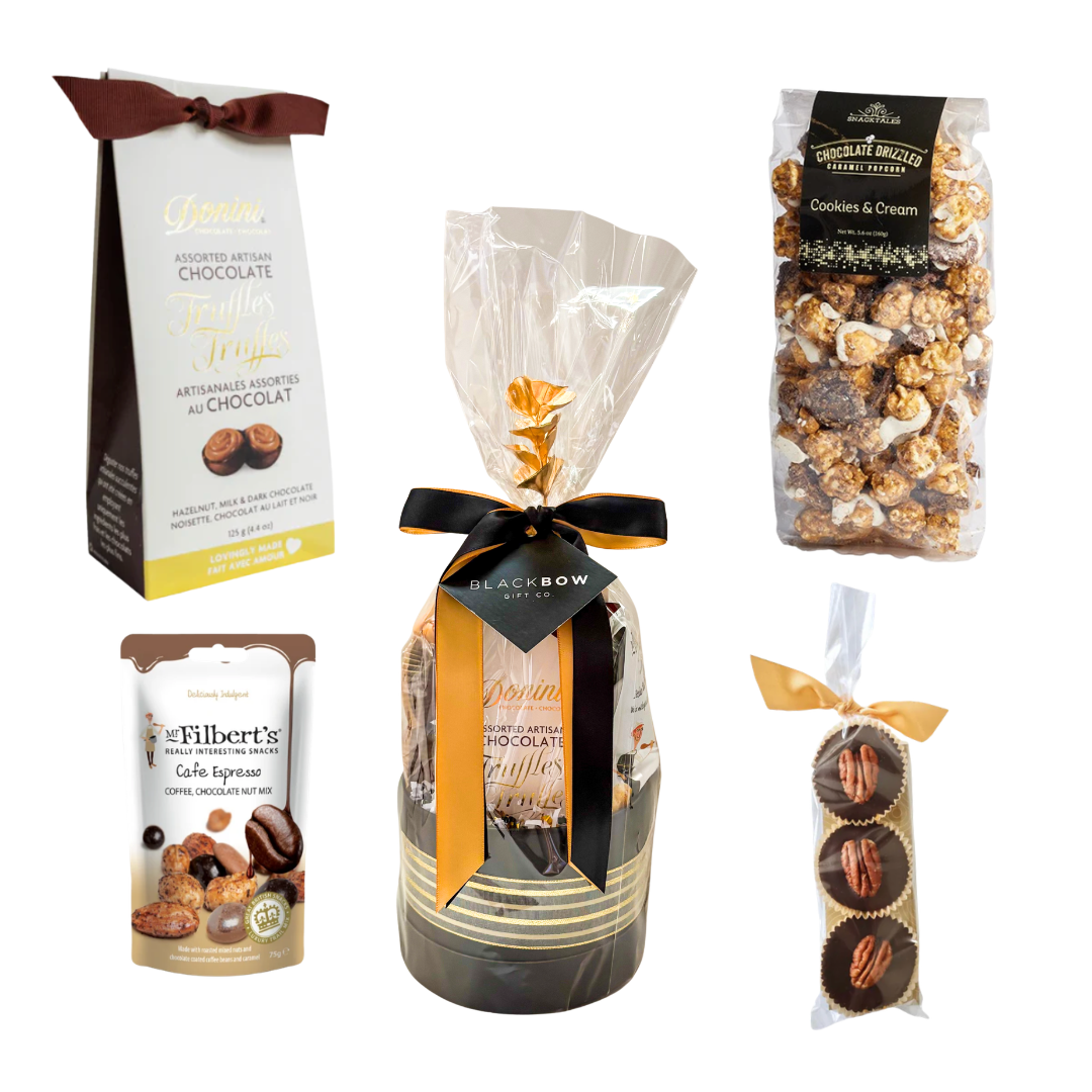 Gourmet chocolate gift basket featuring artisan chocolate truffles, handcrafted chocolate pecan clusters, cookies and cream popcorn, gourmet roasted nuts, and premium sweet treats, beautifully wrapped for gifting.