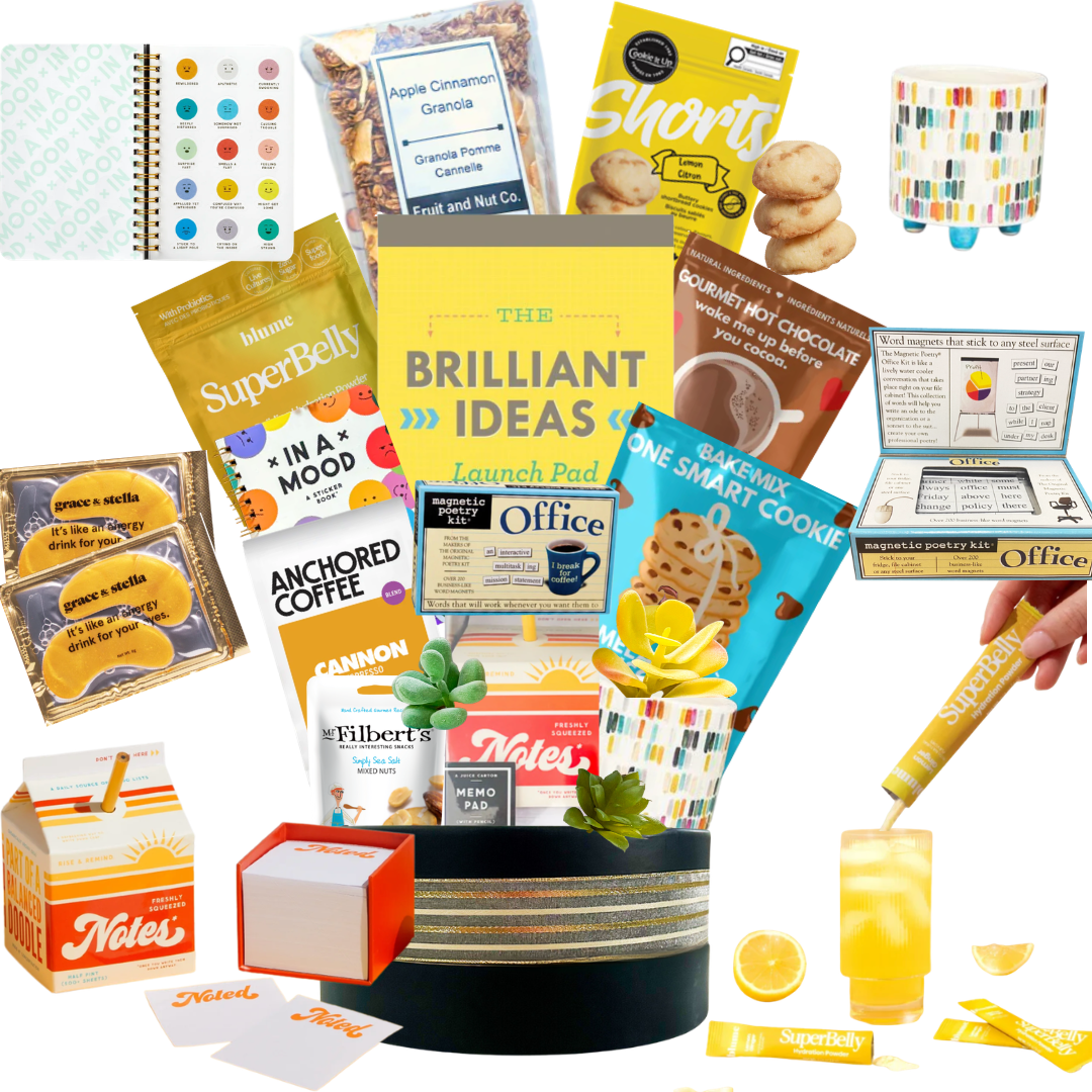 The Productivity Edit office gift basket with guided notepad, mood sticker book, energy eye patches, coffee and gourmet treats by Black Bow Gift Co.