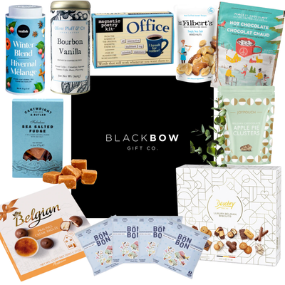 Deluxe Snack Box gourmet snack gift box with treats and beverages in a sleek mailer box by Black Bow Gift Co.