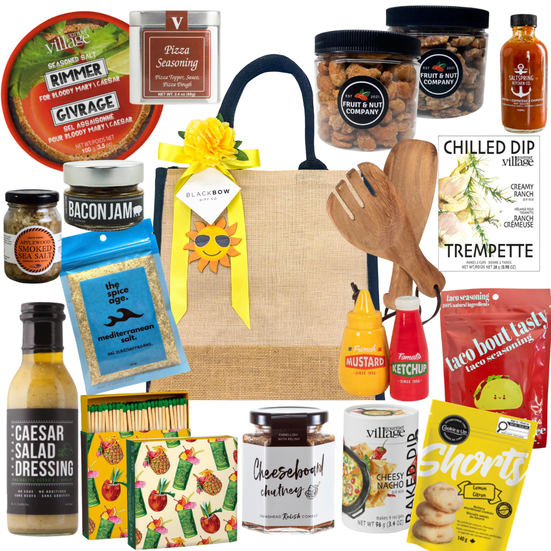 Patio Pantry gourmet summer gift tote with snacks, Caesar mix essentials, dips, seasonings, entertaining accessories, and savoury treats in a burlap tote.
