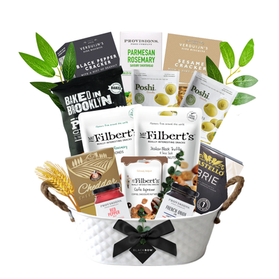Savoury gourmet gift basket with premium snacks, crackers, spreads, and charcuterie accents for corporate and personal gifting.