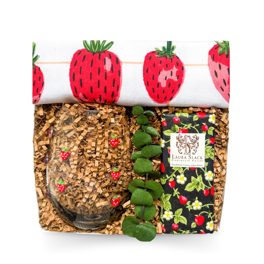 Strawberry Treats gift box with strawberry themed glass, tea towel and chocolate by Black Bow Gift Co.
