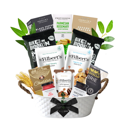 Savoury gourmet gift basket with premium snacks, crackers, spreads, and charcuterie accents for corporate and personal gifting.