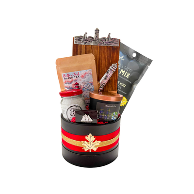 Nova Scotia Gourmet gift basket with pewter appetizer board, lighthouse cheese knife, coastal flavours, and artisanal Nova Scotia touches