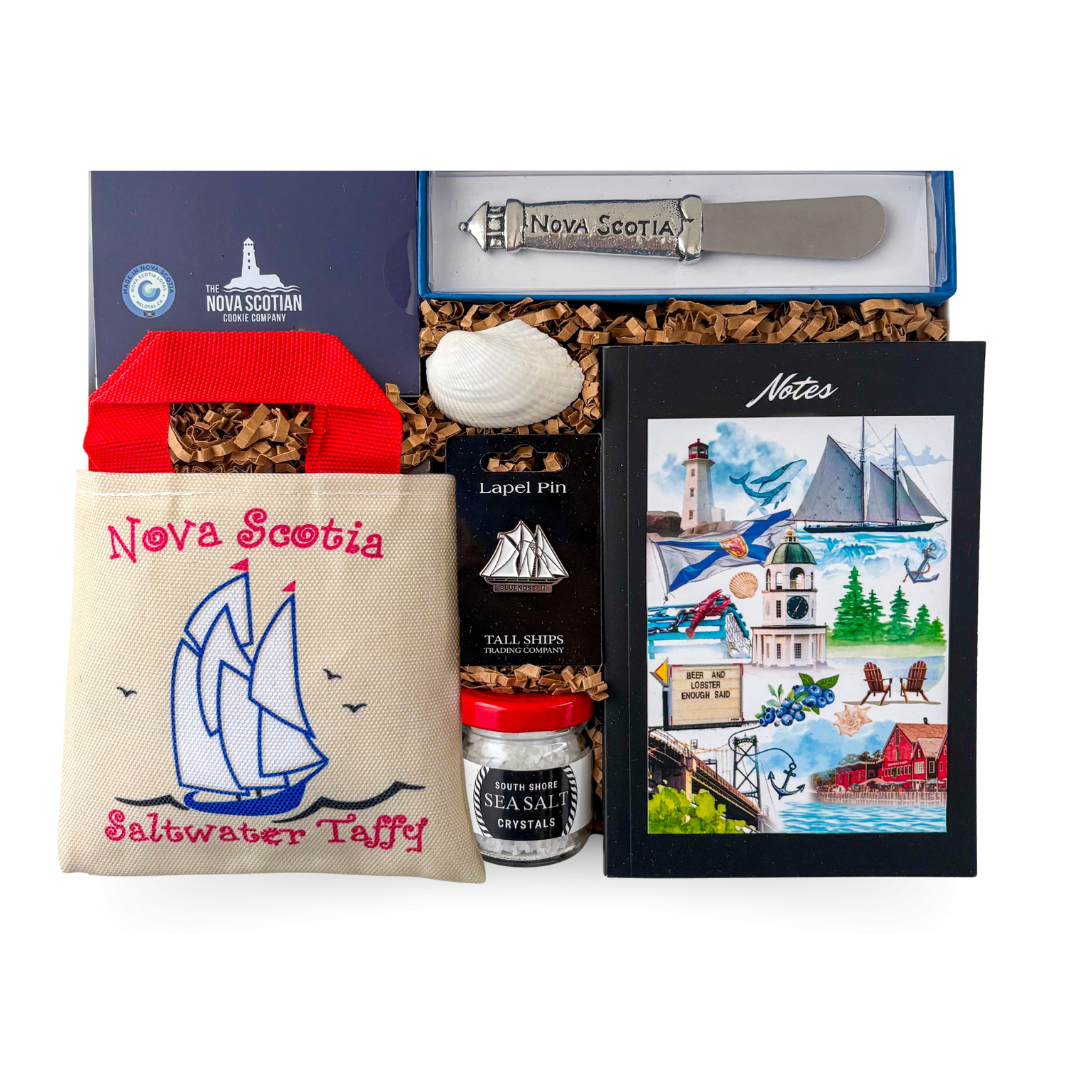 Nova Scotia Heritage Box featuring coastal-inspired keepsakes and gourmet treats in a signature gift box by Black Bow Gift Co.