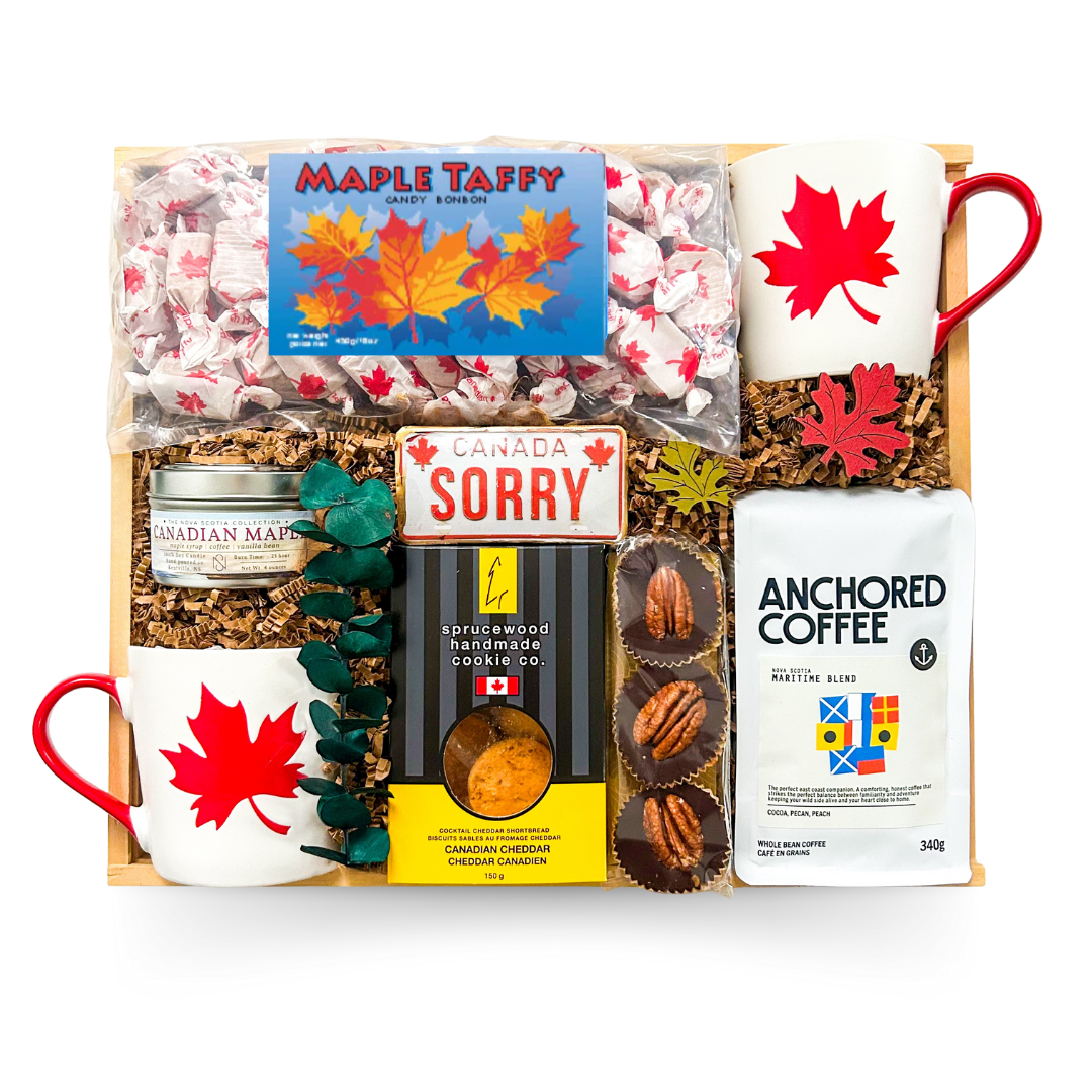 Canadian Gift Box, Canada Themed Gift, Maple Gift Box, Canadian Pride Gift, True North Gift, Canadian Food Gift, Gourmet Canadian Gift, Canadian Coffee Gift, Maple Lover Gift, Halifax Gift Delivery, Dartmouth Gift Delivery, Bedford Gift Delivery, Nova Scotia Gifts, Canada Gift Basket, Welcome to Canada Gift, O Canada Gift Box, Great Canadian Gift, Canadian Treat Box, Newcomer to Canada Gift, Canadian Cozy Gift