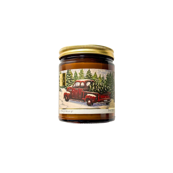 Hand Painted candle Label with red Truck and Pine tree in the back in a Winter scene