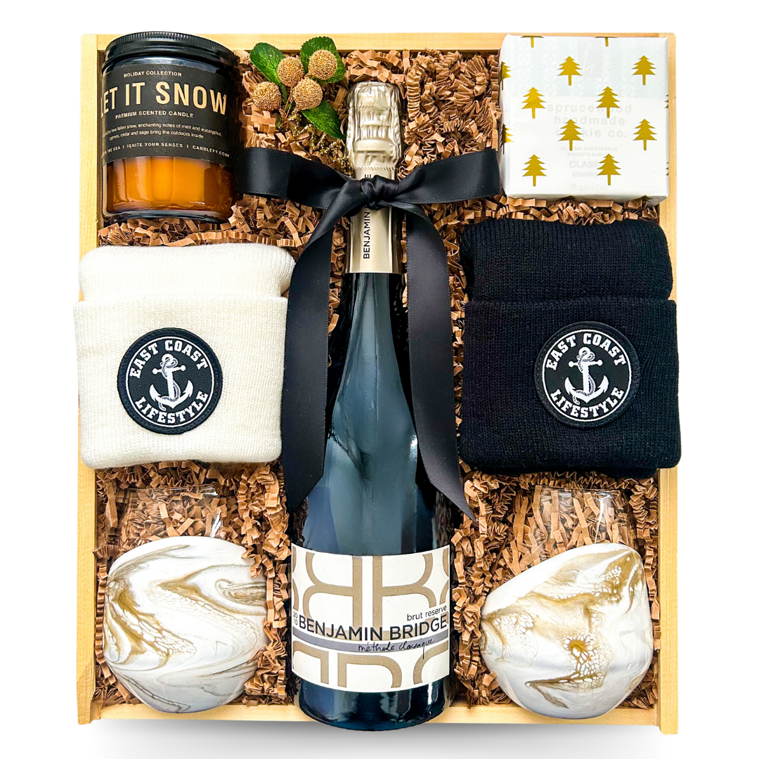 Alcohol Gift, Shareable Gift, Nova Scotia Wine Gift, Gourmet Treat Gift, Gourmet Gift Delivery, Couples Gift Box, Couples Gifts, Date Night Gifts, Premium Gift Boxes, Premium Gifts, Premium Gift Baskets, Dartmouth Gift Delivery, sharable gifts, gifts for a family, welcome gifts, family gifts shipped, Date night gift, Wine gifts, Gifts with Wine, Benjamin Bridge gifts, gifts for couples, local wine gifts, Nova Scotia made gifts, wine gift basket, High end wine gift, NS Closing gift