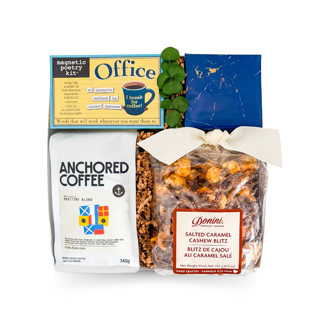 Office-themed gift box with mindful desk accents and a small coffee break treat.
