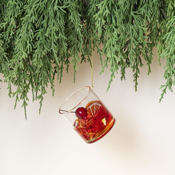 Amber glass Old Fashioned cocktail ornament with realistic ice details, perfect for cocktail-themed Christmas trees, holiday décor, and gifting.