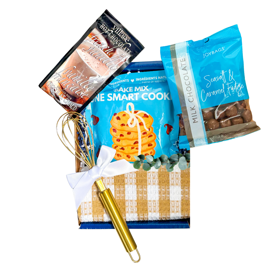 Blue mailer box gift with a cozy cookie-themed experience and warm seasonal accents.
