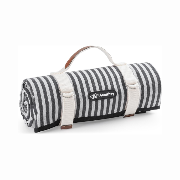 Foldable Beach Blanket With Carry Strap -White & Black Stripes