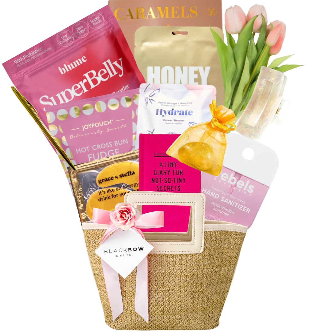 Pamper Purse self care gift with beauty treats, chocolates and accessories in a straw purse by Black Bow Gift Co.