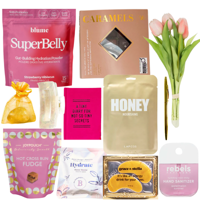 Pamper Purse self care gift with beauty treats, chocolates and accessories in a straw purse by Black Bow Gift Co.
