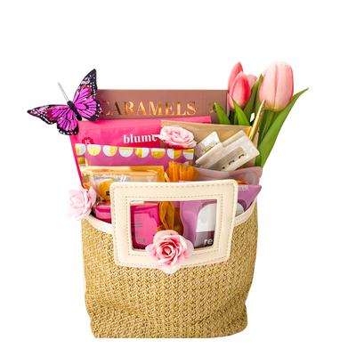 Pamper Purse self care gift with beauty treats, chocolates and accessories in a straw purse by Black Bow Gift Co.