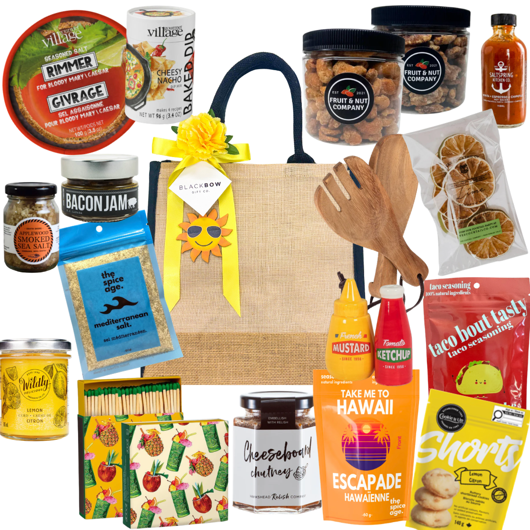 Patio Pantry gourmet summer gift tote with snacks, Caesar mix essentials, dips, seasonings, entertaining accessories, and savoury treats in a burlap tote.
