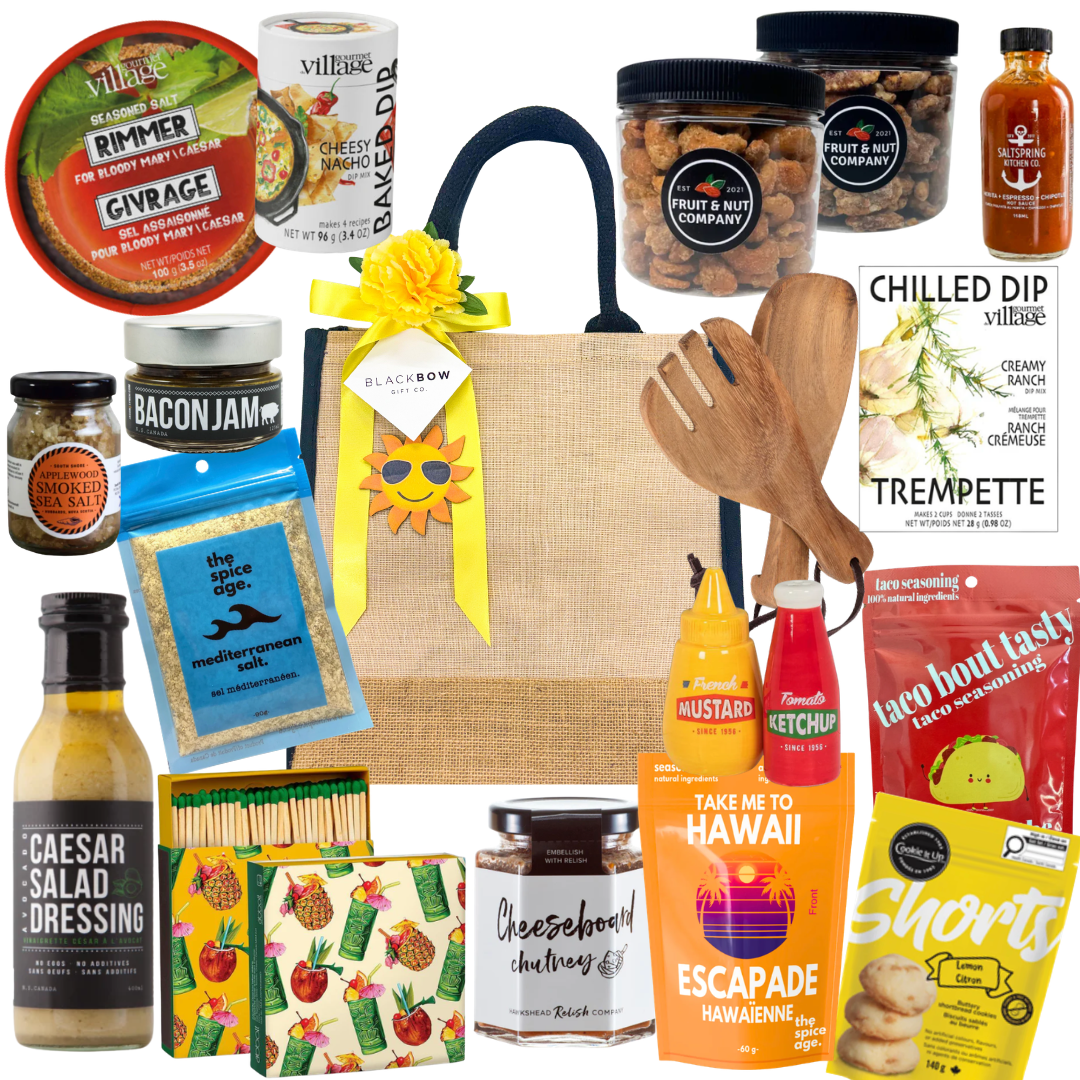 Patio Pantry gourmet summer gift tote with snacks, Caesar mix essentials, dips, seasonings, entertaining accessories, and savoury treats in a burlap tote.
