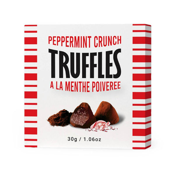 Four individually wrapped chocolate truffles featuring rich, smooth centers and festive peppermint crunch for a seasonal holiday treat.
