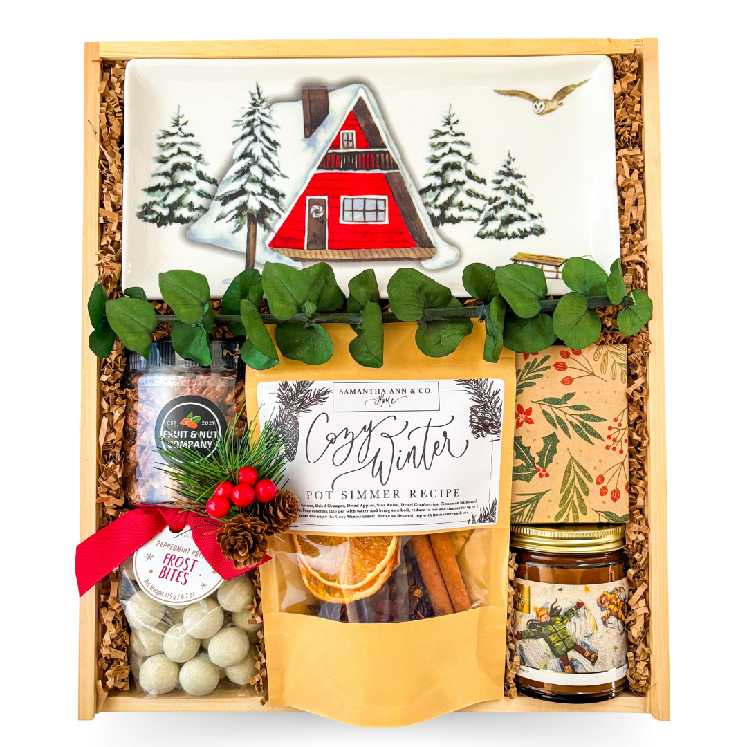 Luxury winter comfort gift box with candle, simmer pot, cookies, and festive treats by Black Bow Gift Co.