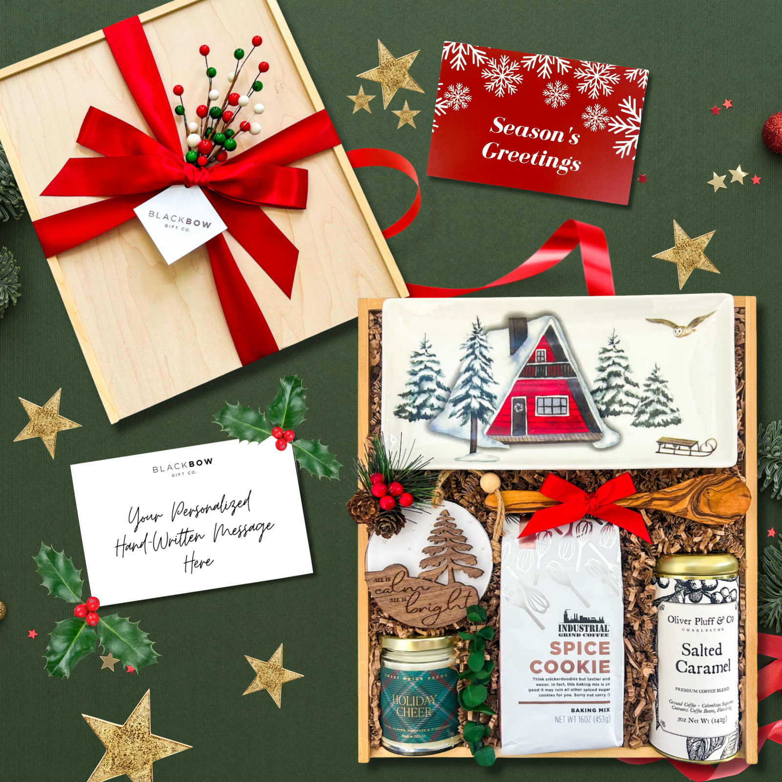 Holiday gift set with a wooden box, cookies, and a card on a green  holiday vibe background.