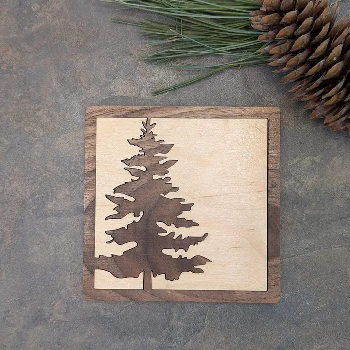 Pine Tree Wood Inlay Coaster (Set of 2)