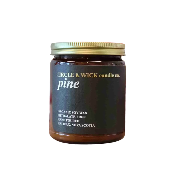 Circle & Wick Pine Candle in a 9 oz jar featuring a fresh-cut evergreen scent, made in Atlantic Canada and ideal for holiday gift boxes and winter gift baskets.
