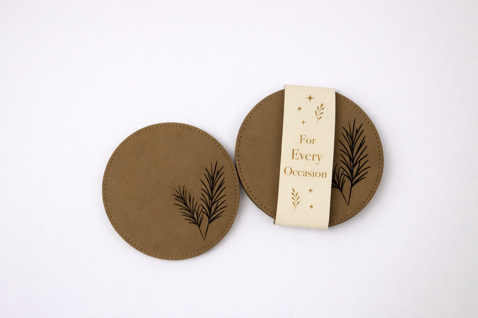 PU leather coaster featuring an engraved pine tree design and stitched edging for a clean, nature-inspired look.