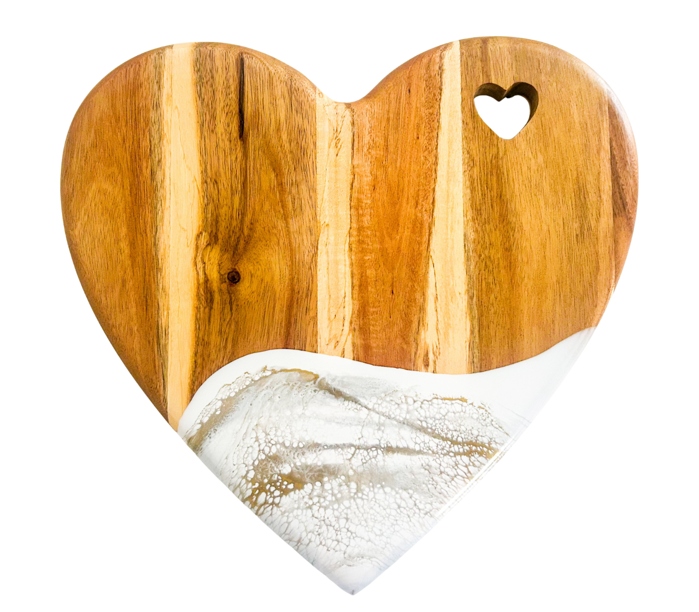 Heart Acacia Board With Ocean Waves Art- White & Gold