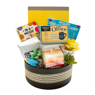 The Productivity Edit office gift basket with guided notepad, mood sticker book, energy eye patches, coffee and gourmet treats by Black Bow Gift Co.