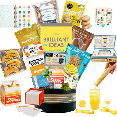 The Productivity Edit office gift basket with guided notepad, mood sticker book, energy eye patches, coffee and gourmet treats by Black Bow Gift Co.