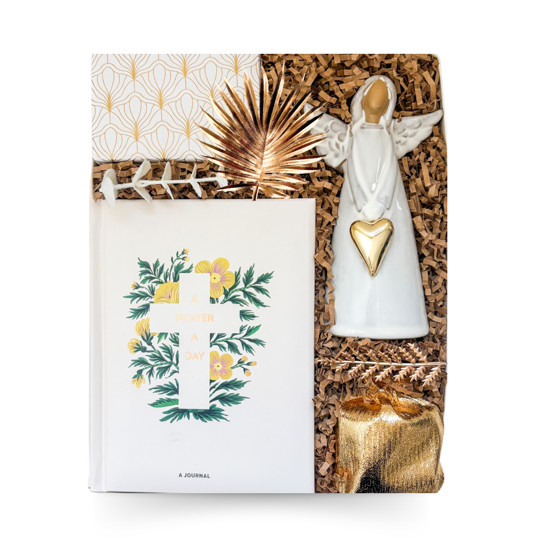 Quiet Grace faith and sympathy gift box with prayer journal, angel keepsake, choice of tea, honey and wrapped cookies
