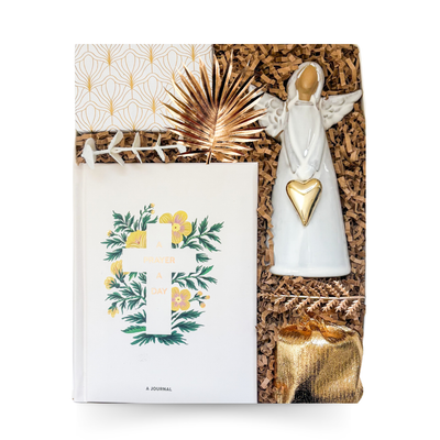 Quiet Grace faith and sympathy gift box with prayer journal, angel keepsake, choice of tea, honey and wrapped cookies