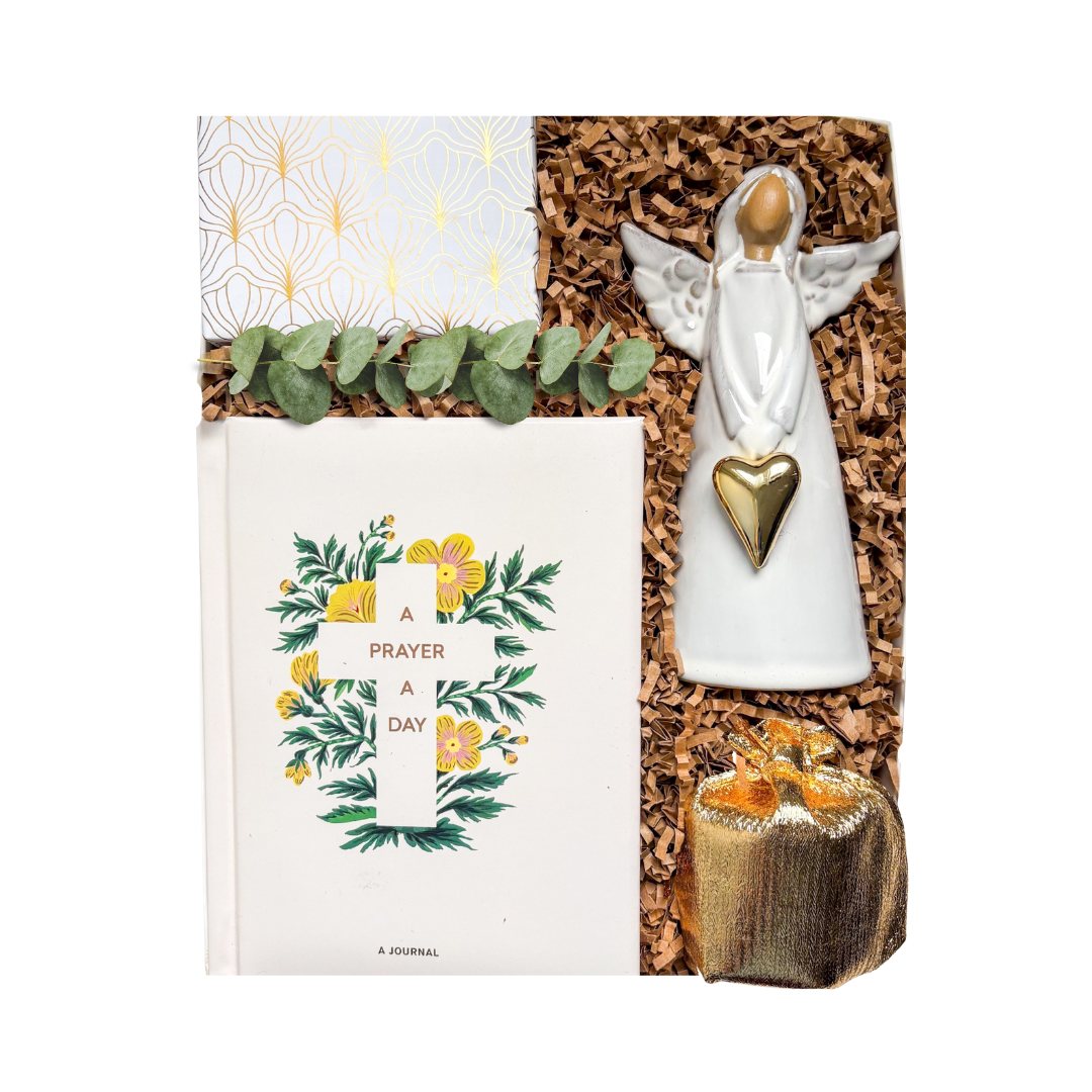 Quiet Grace faith and sympathy gift box with prayer journal, angel keepsake, choice of tea, honey and wrapped cookies