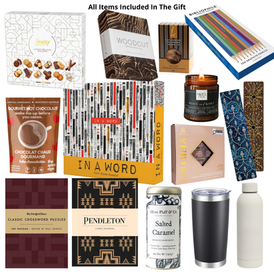 Luxury oversized high-gloss black magnetic gift box featuring optional books, crossword puzzle book, 1,000-piece puzzle, Pendleton journal, coloured pencils, insulated tumbler, gourmet coffee, artisan chocolates, candle, bookmark, and gifts for book lovers arranged in a layered presentation.