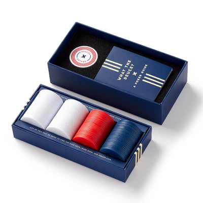 Compact poker set with 100 coloured poker chips, playing cards, dealer marker, and poker instruction booklet in a gift-ready box.