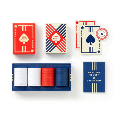Compact poker set with 100 coloured poker chips, playing cards, dealer marker, and poker instruction booklet in a gift-ready box.
