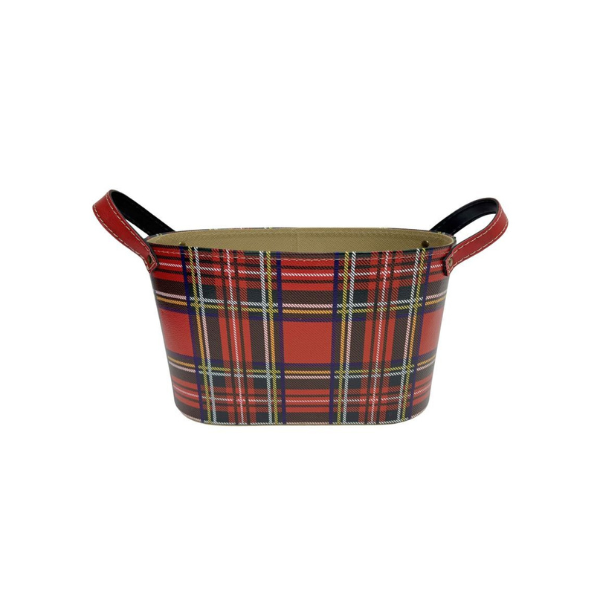 Red Plaid Oval Basket With Side Handle