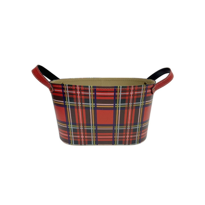 Red Plaid Oval Basket With Side Handle