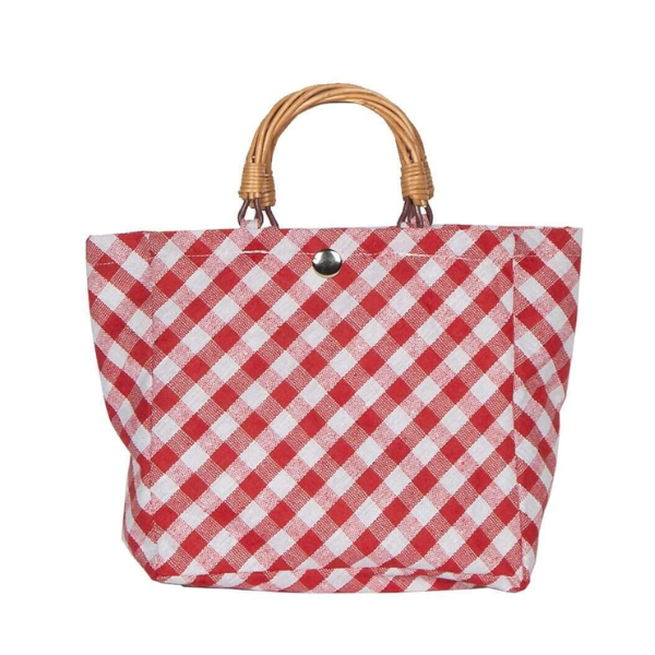 Red Plaid Fabric Tote with Willow Handles