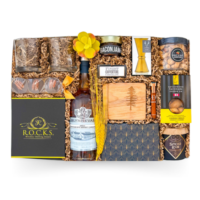 Refined Taste whisky and cigar gift box with gourmet snacks, rocks glasses and luxury items in a large keepsake box by Black Bow Gift Co.
