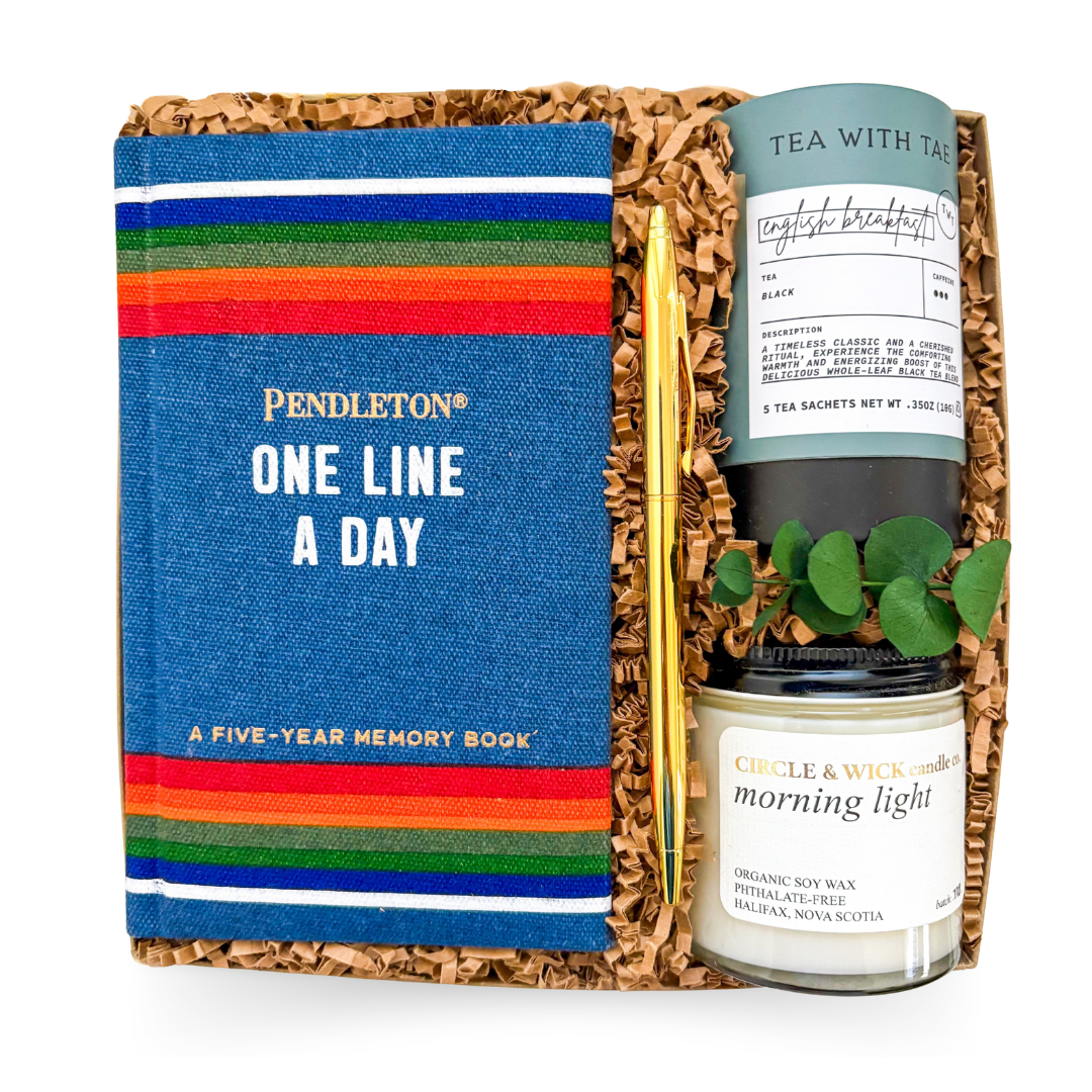 Luxury reflection gift box with five-year journal, English breakfast tea, and morning candle for milestone and personal growth gifting