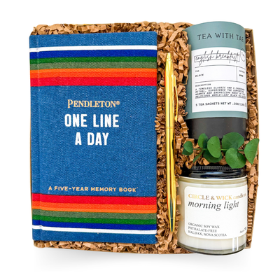 Luxury reflection gift box with five-year journal, English breakfast tea, and morning candle for milestone and personal growth gifting