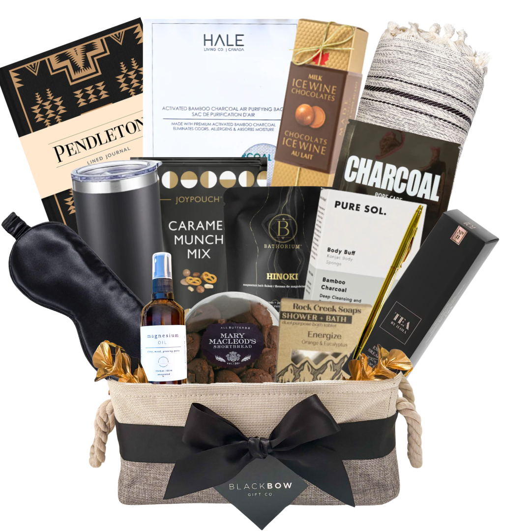 Relax & Recharge wellness gift basket with blanket, magnesium spray and self-care items by Black Bow Gift Co.
