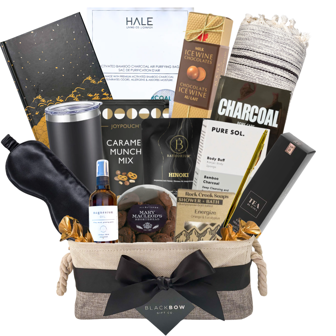 Relax & Recharge wellness gift basket with blanket, magnesium spray and self-care items by Black Bow Gift Co.
