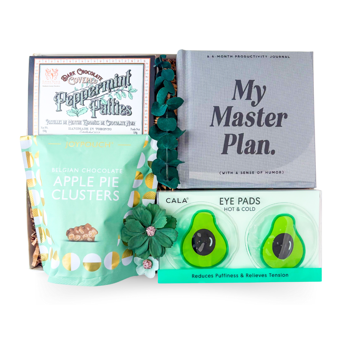 Reset & Refocus productivity gift box in green and black tones with guided journal and premium gourmet treats by Black Bow Gift Co.

