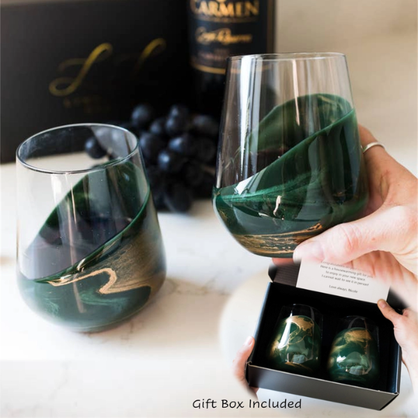 Resin Coated Stemless Wine Glasses - Jade & Gold